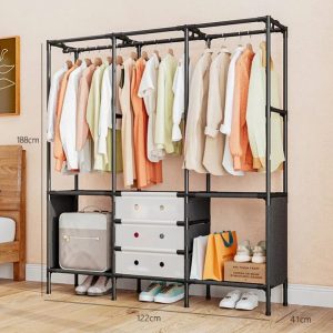 Étagère métal anti poussière – 2 rangées vêtements & chaussures avec 3 battants