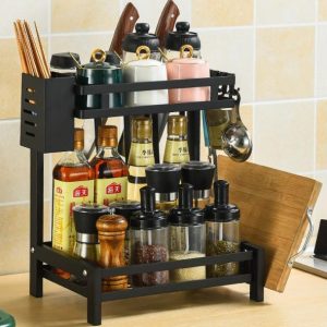 Organisateur de Cuisine 2 Niveaux en Acier – Rangement Compact Épices, Bouteilles & Ustensiles